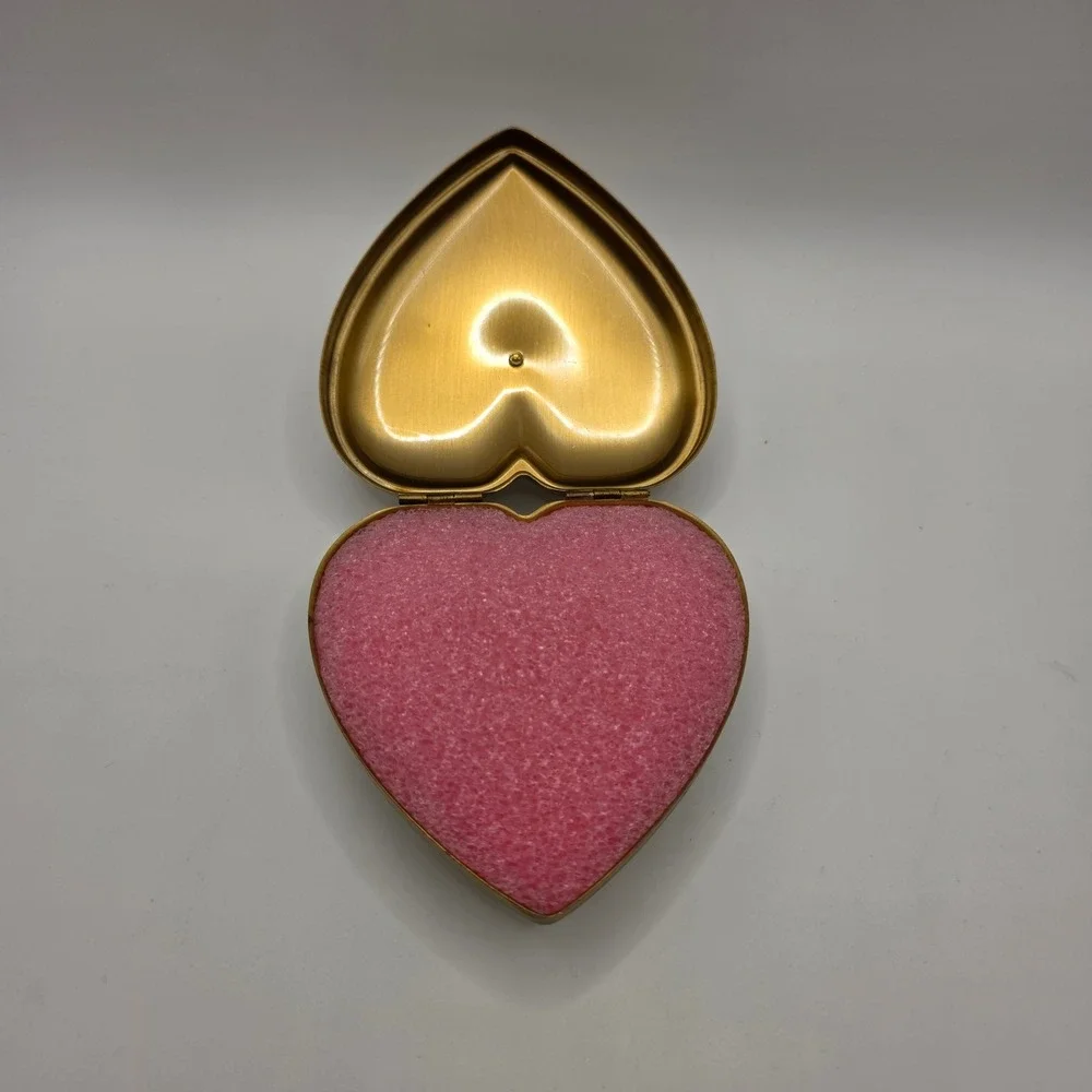 Vintage‎ Gold Heart Jewelry Box Rhinestone Crown Finial Hinged Trinket Case